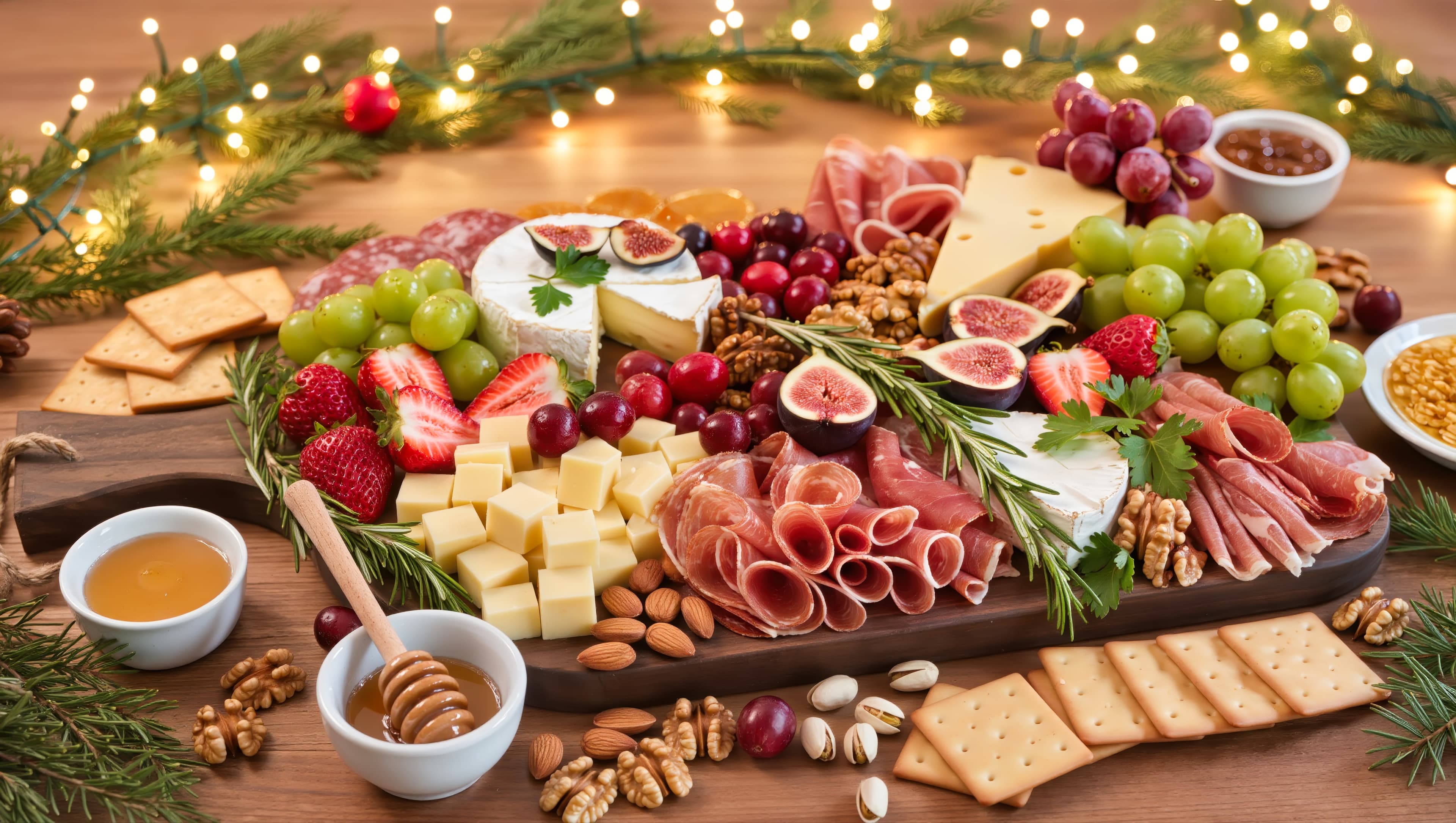 Artisan charcuterie board with cheeses, cured meats, and fresh fruit